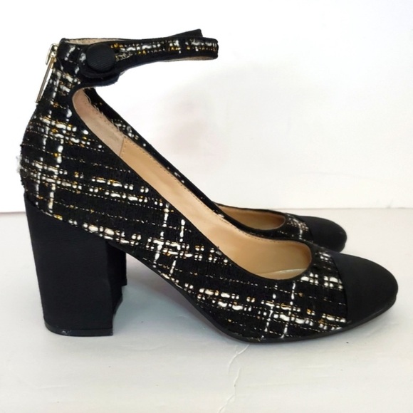 UNISA Mary Jane Preppy Tweed Retro Black Metallic Block Heel Heels - Picture 1 of 9
